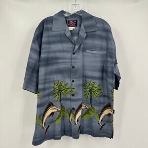 Basix Mens Hawaiian Shirt Size L Tropical Resort Fish Marlin Palms Island Print